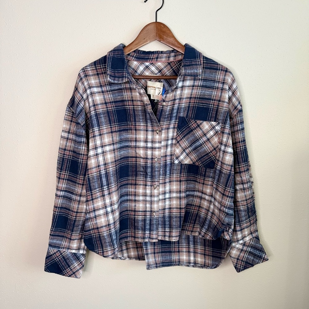 Scotch & Soda Plaid Flannel Shirt Jacket | Cropped Oversized | Blue Blush